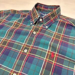 Vtg Polo Ralph Lauren Shirt Mens M Green Red Plaid Button Down Tartan 80s 90s